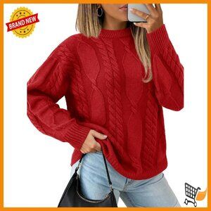 Oversized Cable Knit Sweater Long Sleeve Crewneck Winter Pullover